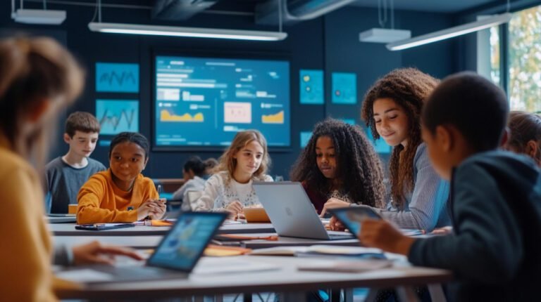 clase en linea con estudiantes colaborando