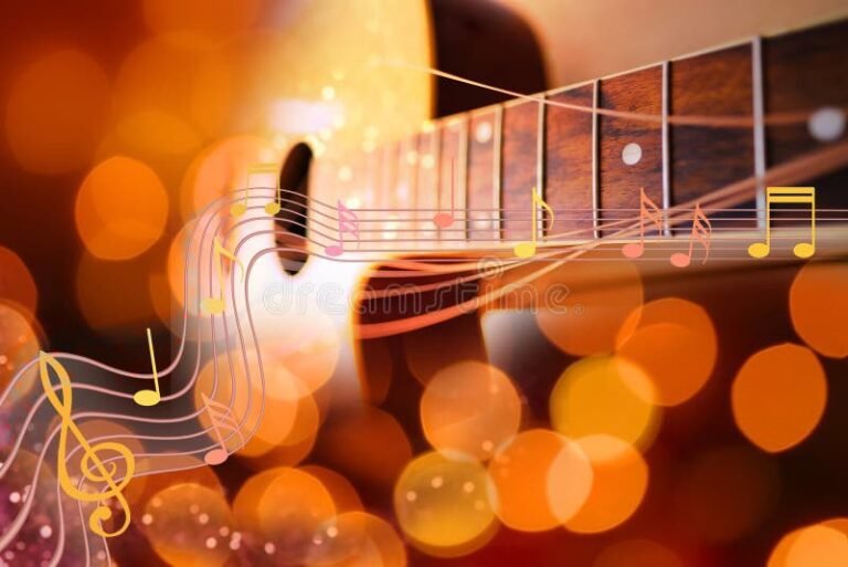 guitarra con acordes musicales en fondo