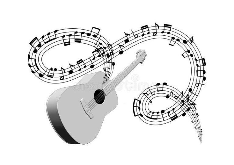 guitarra con notas musicales flotando alrededor