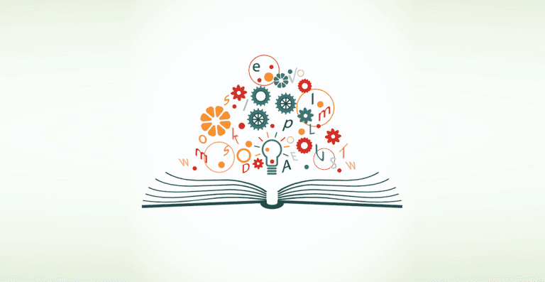 libro abierto con palabras conectadas visualmente