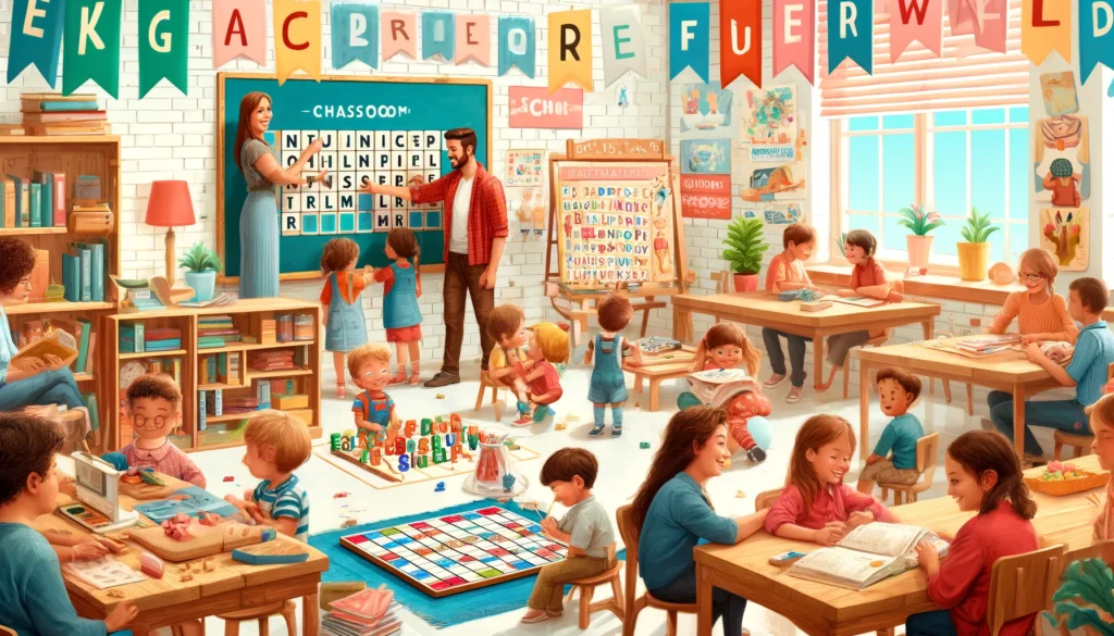 ninos jugando con letras en un aula