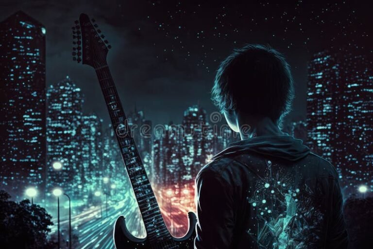 paisaje urbano con guitarra y luna
