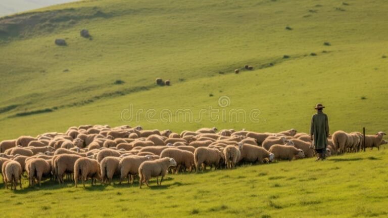 pastor cuidando ovejas en un prado