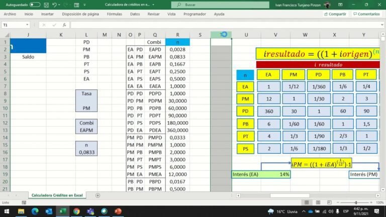 tabla de excel con calculos financieros