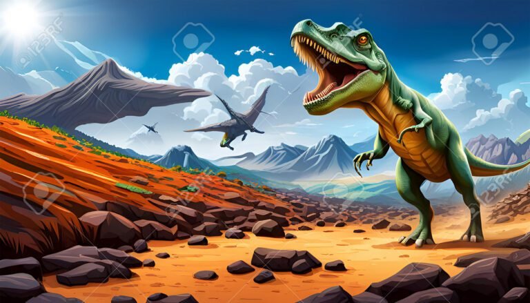 tiranosaurio rex en un paisaje prehistorico