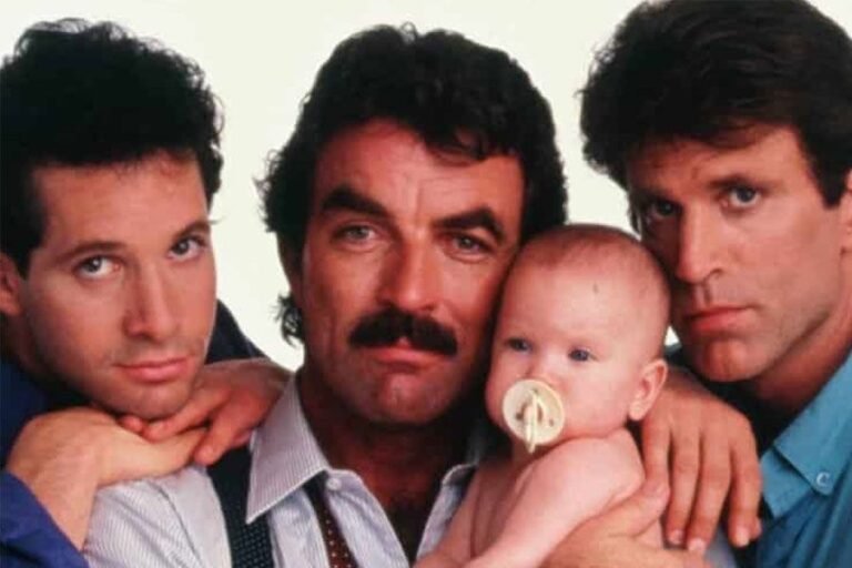 Qué trama y personajes tiene "Tres hombres y una pequeña dama" 13 tres hombres cuidando a una nina