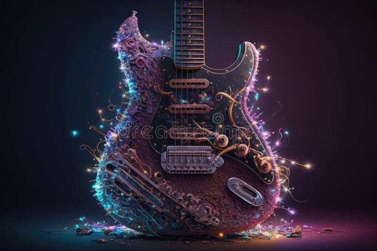 una guitarra electrica en un escenario oscuro