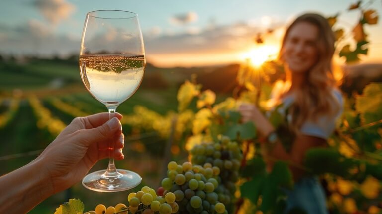 Qué características y sabores tiene el vino blanco Alma Mora 10 vino blanco en copa con vinedos