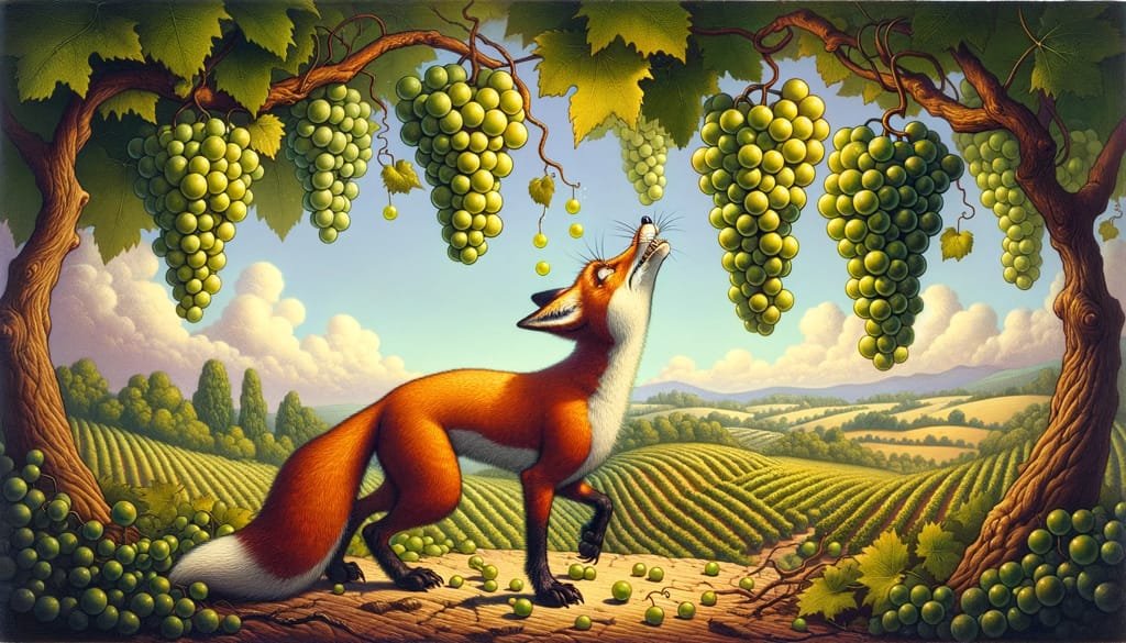 zorra mirando uvas en lo alto